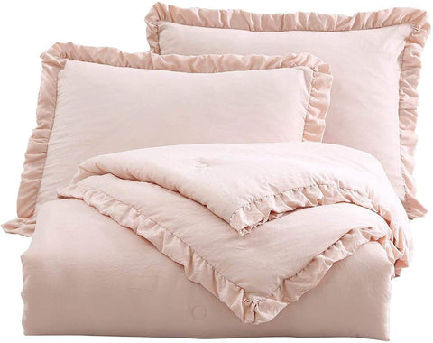 Full Size Pink Stone Washed Ruffled Edge Microfiber Comforter Set
