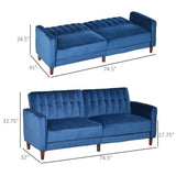 Mid-Century Modern Futon Sleeper Sofa Bed in Blue Velvet Upholstery