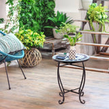 Indoor/Outdoor Blue Mosaic Round Side Accent Table Plant Stand
