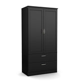 Modern Two Door Wardrobe Armoire with Two Drawers and Hanging Rod Storage, Black