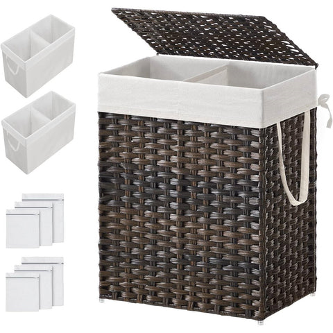 Brown PP Rattan 24-Gal Laundry Hamper Basket w/ 2-Compartment Washable Liner Bag