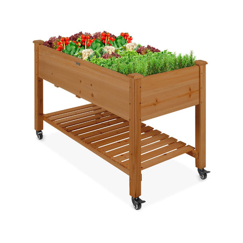 Outdoor Brown Wood Raised Garden Bed Planter Box with Shelf and Locking Wheels
