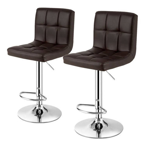 Set of 2 Modern Adjustable Height Barstools with Brown PU Leather Swivel Seat