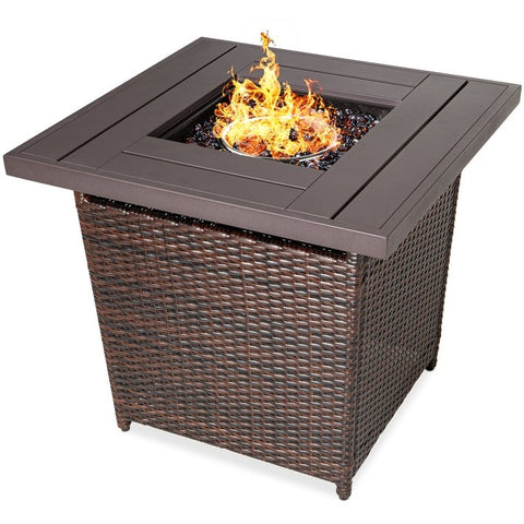Brown Resin Wicker Fire Pit LP Gas Propane w/ Faux Wood Tabletop and Cover