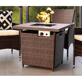Brown Resin Wicker Fire Pit LP Gas Propane w/ Faux Wood Tabletop and Cover