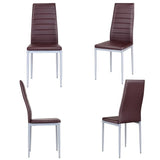 Set of 4 Modern High Back Brown PVC Leather Dining Chairs with Metal Legs