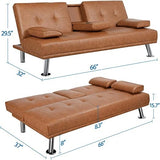 Brown Modern Faux Leather Cup Holders Convertible Sofa Bed Futon Sleeper