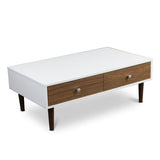 Modern Mid-Century Style White Wood Coffee Table with 2 Drawers