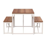 Modern 3-Piece Dining Set Wood Top White Metal Frame Table and 2 Bench Chairs