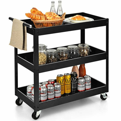 Black Steel Frame Kitchen Serving Utility Cart on Wheels with 2 Bottom Shelves