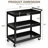 Black Steel Frame Kitchen Serving Utility Cart on Wheels with 2 Bottom Shelves