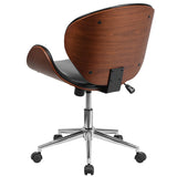 Mid-Back Walnut / Black Faux Leather Office Chair with Curved Bentwood Seat