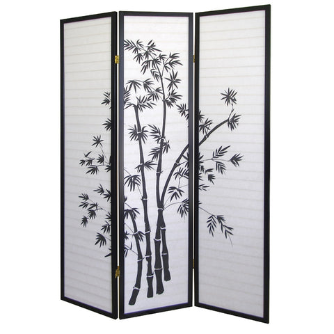 3-Panel Room Divider Privacy Screen with Bamboo Design Black White