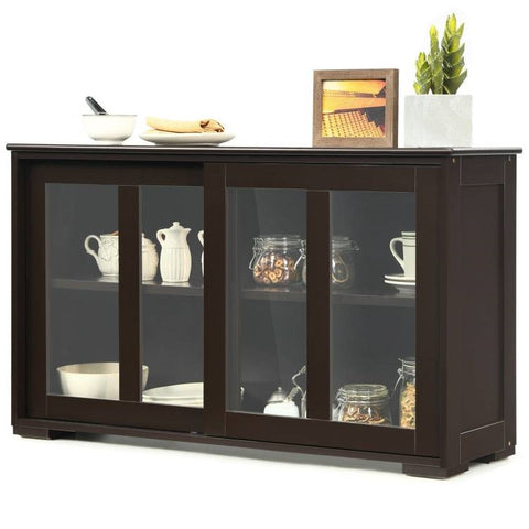 Brown Wood Buffet Kitchen Dining Sideboard Storage Cabinet w/ Glass Sliding Door