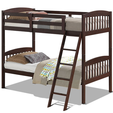 Twin over Twin Wooden Bunk Bed with Ladder in Dark Brown Finish