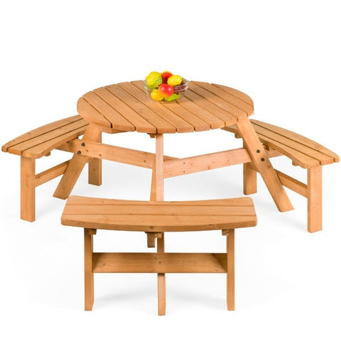 Outdoor Round Wood Picnic Table Bench Set with Umbrella Hole - Seats 6