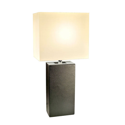 Contemporary Black Leather Table Lamp with White Fabric Shade