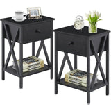 Set of 2 - Rustic 1 Drawer Black Nightstand with X-Shaped Sides