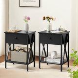 Set of 2 - Rustic 1 Drawer Black Nightstand with X-Shaped Sides