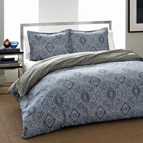 Full / Queen Cotton Comforter Set with Grey Blue Damask Pattern