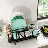 2 Tier Black Metal Foldable Dish Rack with Removable Drip Tray