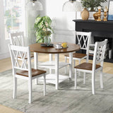 Round Drop Leaf Dining Table Set with 4 Chairs in White/Walnut Wood Finish