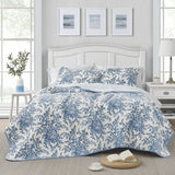 Full/Queen 3 Piece Bed In A Bag Reversible Blue White Floral Cotton Quilt Set