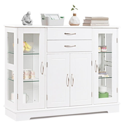 White Wood Buffet Sideboard Cabinet with Glass Display Doors