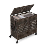 Brown PE Wicker Rattan 2 Section Rolling Laundry Hamper with Removeable Bags