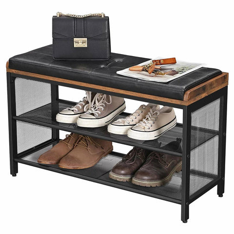 Black Metal Entryway Shoe Rack Storage Bench with Padded Seat Cushion