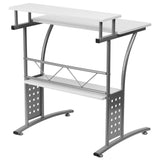 Modern Metal Frame Computer Desk with White Laminate Top and Raised Shelf