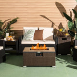 Outdoor Propane Fire Pit with Side Table Tank Holder in Brown PE Rattan