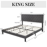 King Size Adjustable Height Grey Linen Tufted Low Profile Platform Bed