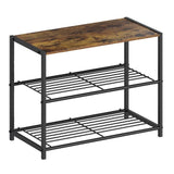 2-Shelf Entryway Shoe Rack Bench with Black Metal Frame and Brown Wood Top