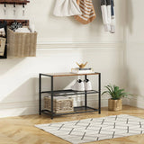 2-Shelf Entryway Shoe Rack Bench with Black Metal Frame and Brown Wood Top