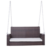 Espresso Wicker Porch Swing 7ft Hanging Chain with Cream Padded Cushion