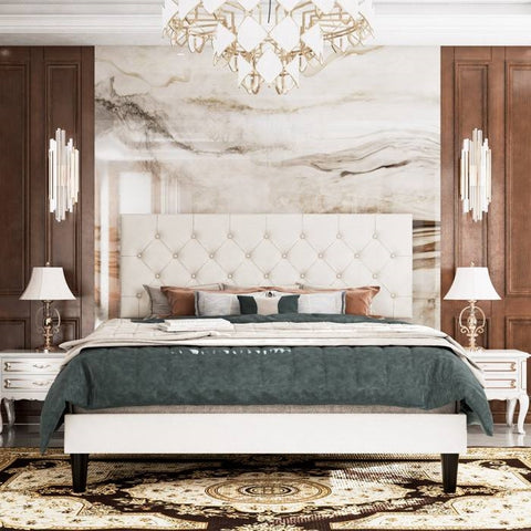 Full White Faux Leather Upholstered Platform Bed with Button-Tufted Headboard