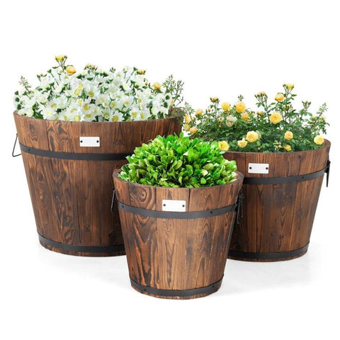 Set of 3 Outdoor Wooden Barrel Planter Pots with Handles 11.5, 15, and 18 inch