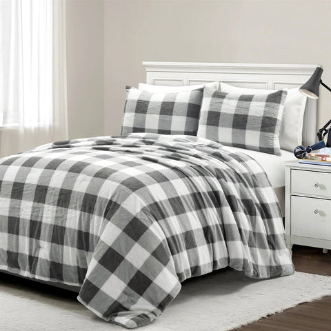 Full/Queen Size Plaid Soft Faux Fur Comforter Set in Black White Grey