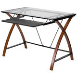 Modern Cherry Finish Glass Top Writing Table Computer Desk with Keyboard Tray