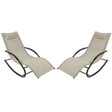 Set of 2 Beige Rocking Chaise Lounger Patio Lounge Chair with Pillow