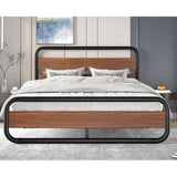 Full Heavy Duty Industrial Modern Metal Wood Platform Bed Frame with Headboard