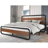 Full Heavy Duty Industrial Modern Metal Wood Platform Bed Frame with Headboard