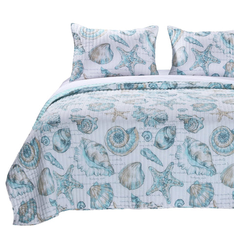 Full / Queen Coastal Seashells White Teal 3 Piece Polyester Reversible Quilt Set