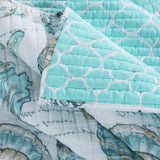 Full / Queen Coastal Seashells White Teal 3 Piece Polyester Reversible Quilt Set