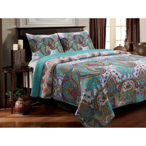 Full / Queen Teal Paisley 3-Piece Quilt Set in 100-Percent Cotton