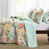 Full/Queen 3 Piece Farmhouse Teal Blue Floral Cotton Reversible Quilt Set