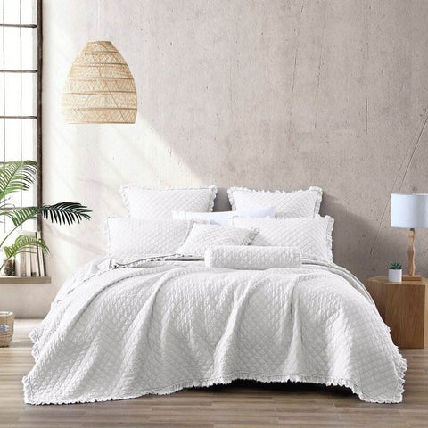 Full Queen White Farmhouse Microfiber Diamond Quilted Bedspread Set Frayed Edges