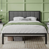 Full Metal Platform Bed Frame with Gray Button Tufted Upholstered Headboard