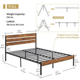 Full Industrial Platform Bed Frame with Brown Wood Slatted Headboard Footboard